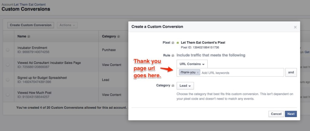 Facebook Pixel Create Custom Conversions