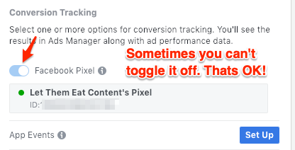 Facebook pixel toggled on